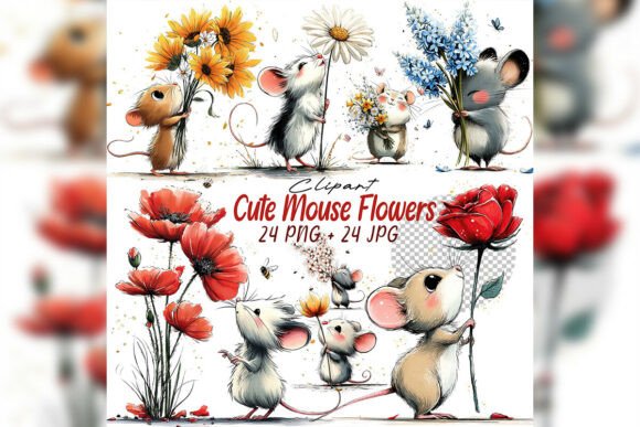 Download Whimsical Mouse &amp; Flower Clipart Set - Mouse Collection